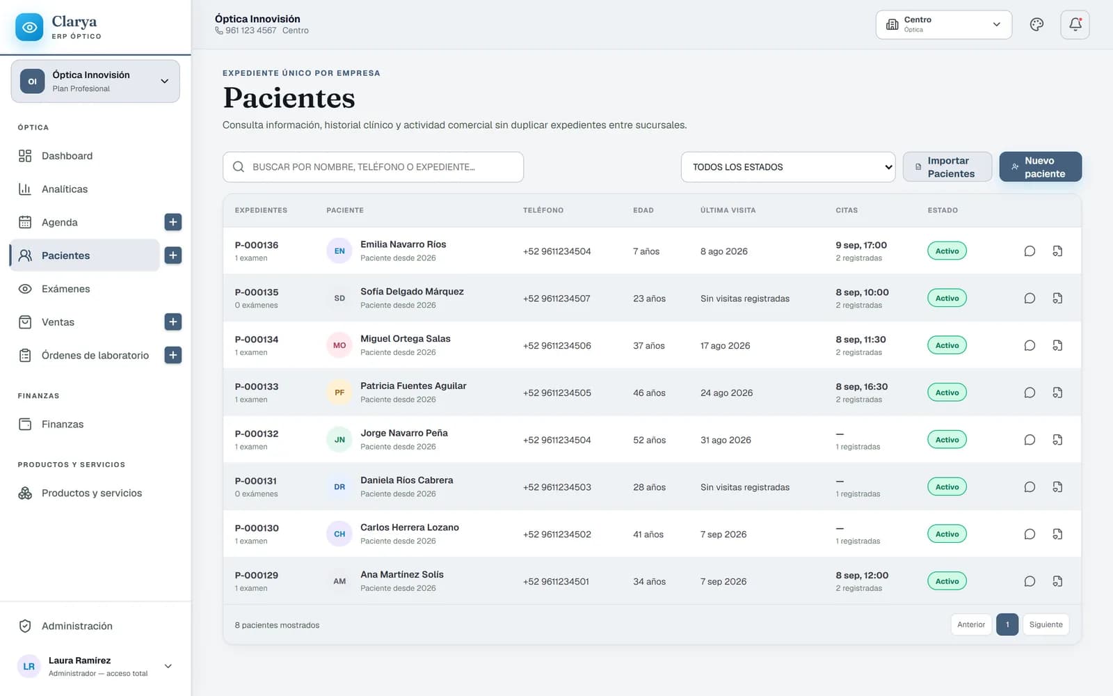 Listado de pacientes de Clarya con folio de expediente, teléfono, edad, última visita y próxima cita.