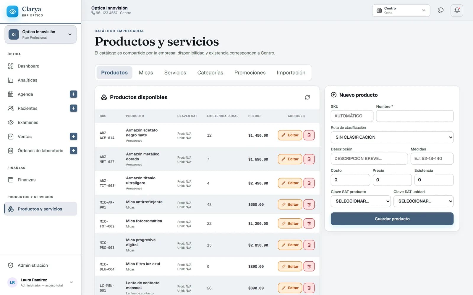 Catálogo de productos de Clarya con SKU, costo, precio de venta y existencias por sucursal.