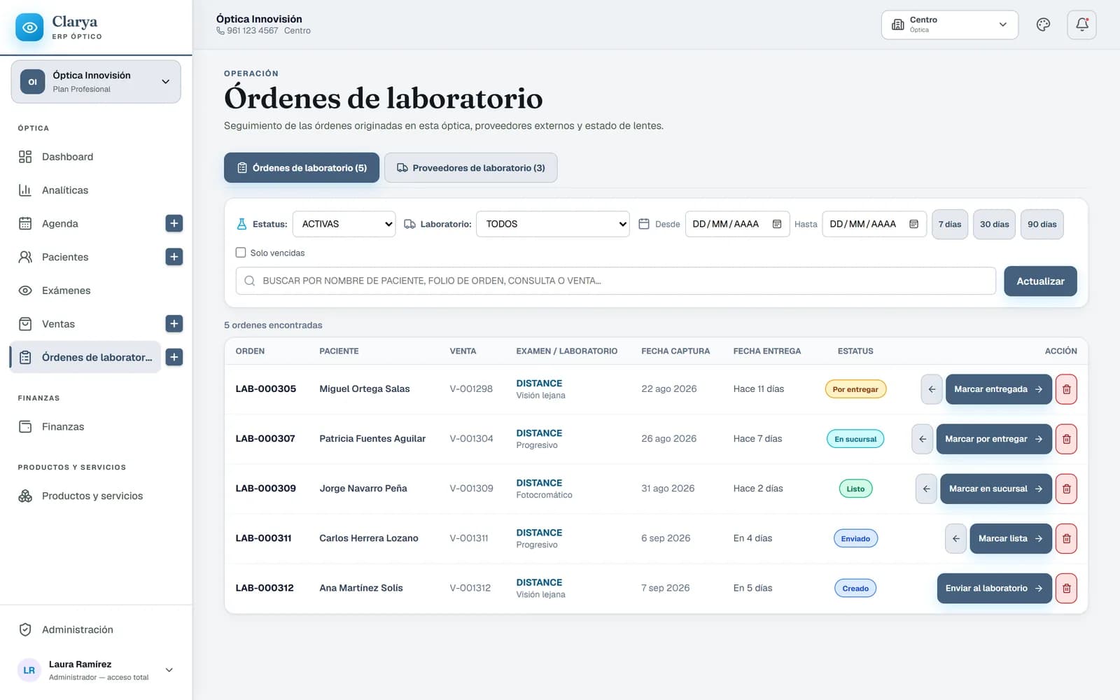 Órdenes de laboratorio de Clarya con folio, paciente, venta ligada, fecha de entrega y estado de cada trabajo.