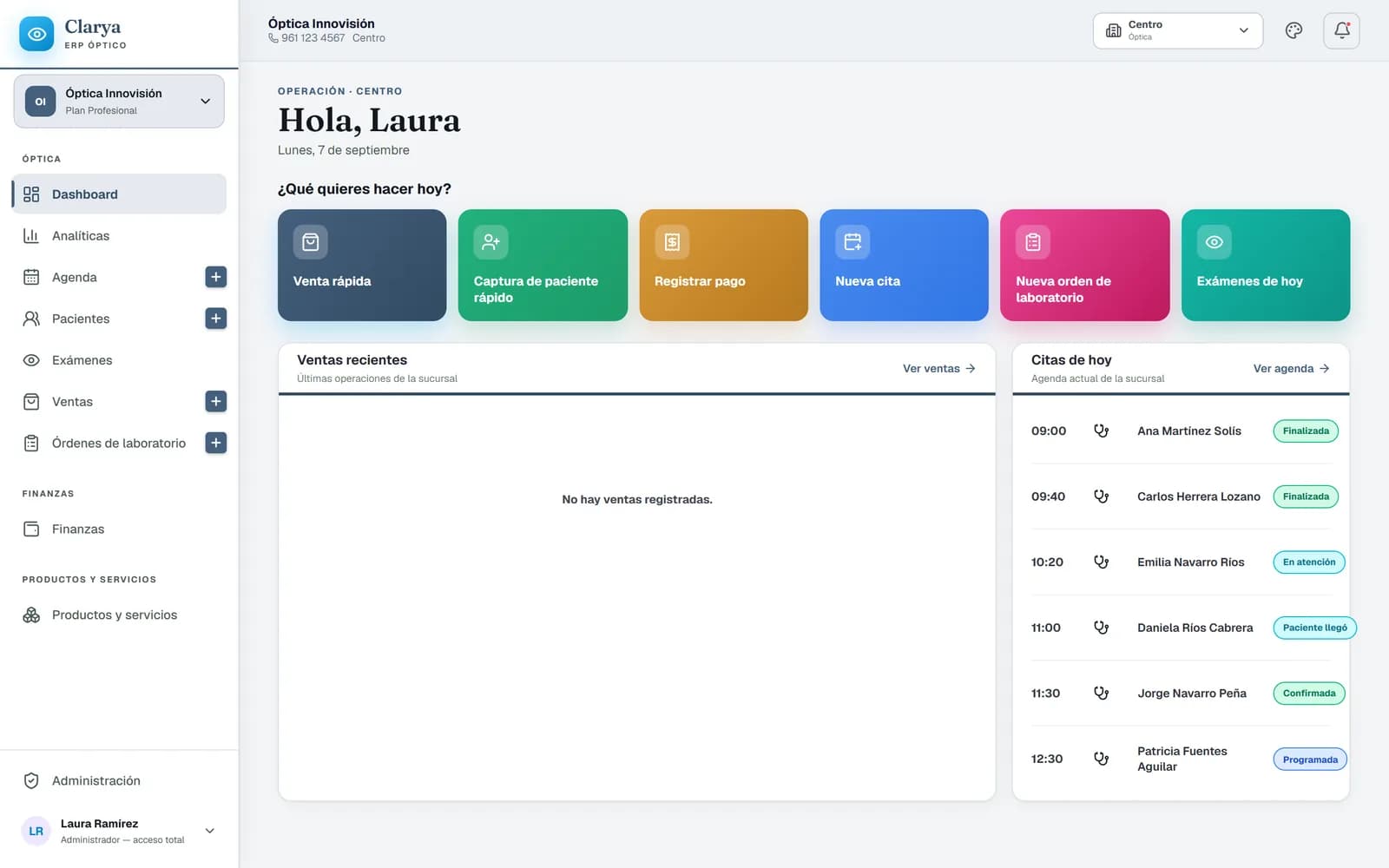 Tablero de Clarya, el software para ópticas: accesos rápidos a venta, paciente, pago, cita y orden de laboratorio, con las ventas y citas del día.