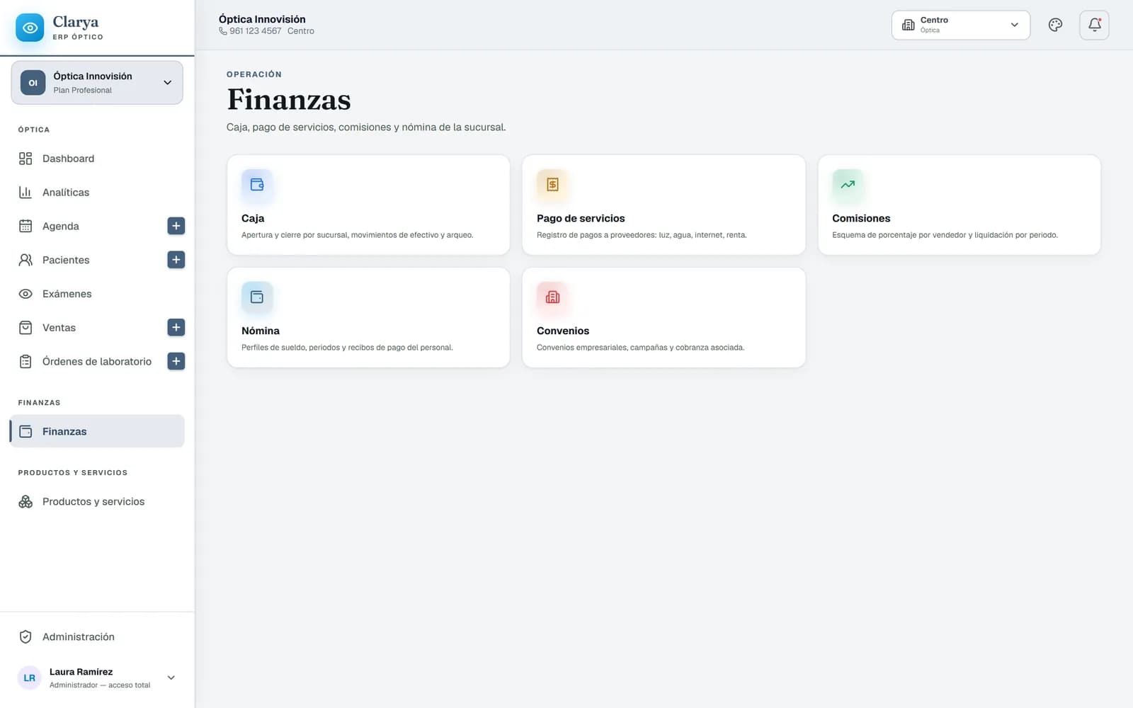 Módulo de finanzas de Clarya con corte de caja, pagos de servicios, comisiones y nómina.