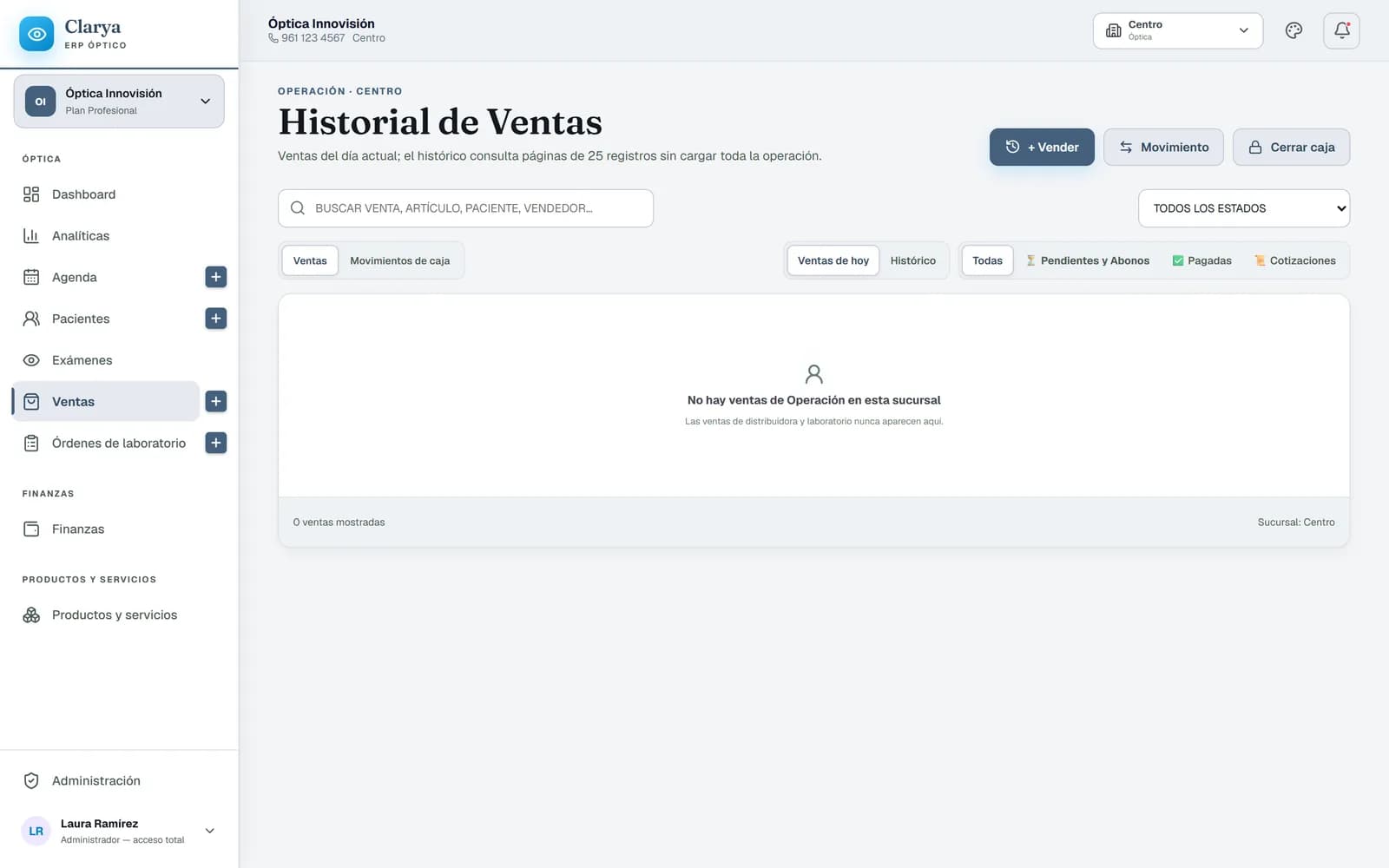 Módulo de ventas de Clarya con folio, paciente, total, saldo y estado de cada venta.